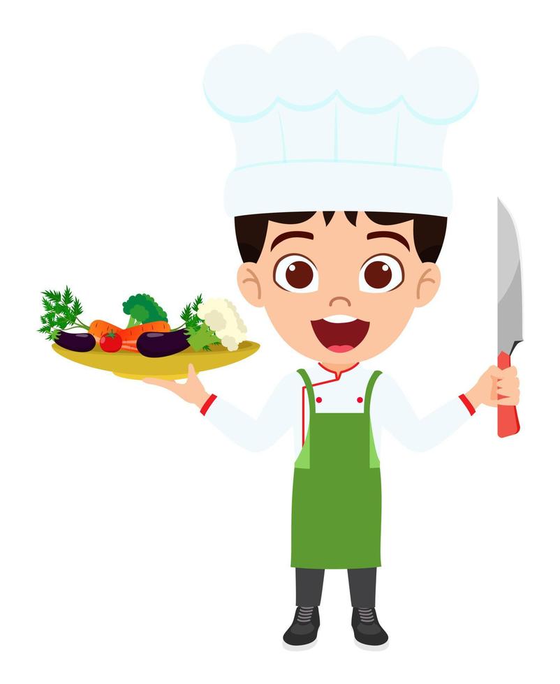 personnage de chef heureux garçon mignon portant une tenue de chef debout et tenant un couteau de cuisine et des légumes vecteur