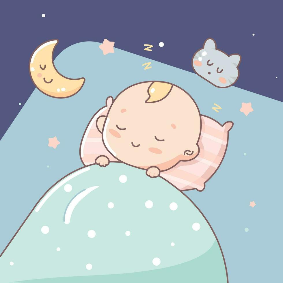 vecteur personnage dessin animé mignonne bébé en train de dormir avec lune et chat