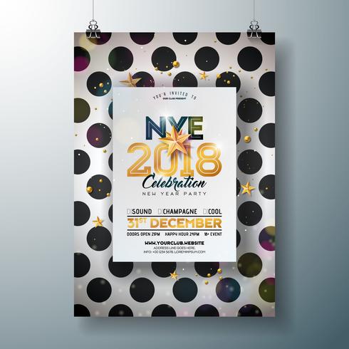 Modèle de Poster 2018 du nouvel an célébration fête Illustration avec numéro doré brillant sur fond noir et blanc abstrait. Vecteur Flyer Invitation Premium ou bannière Promo.