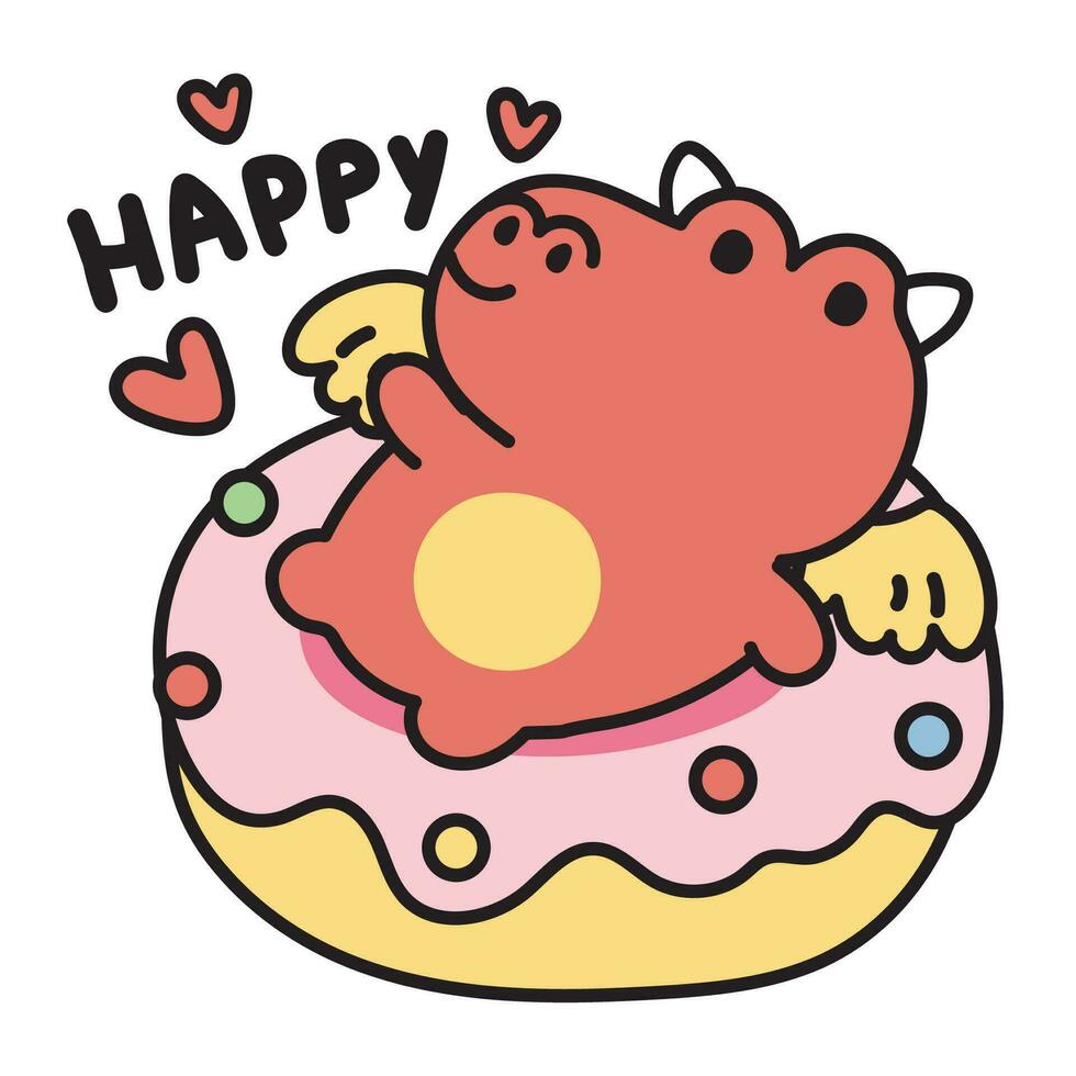 mignonne dragon asseoir sur fraise Donut sur blanc arrière-plan.chinois animal personnage dessin animé design.zodiac.sweet.dessert.heart.kawaii.vector.illustration.ilustrator. vecteur