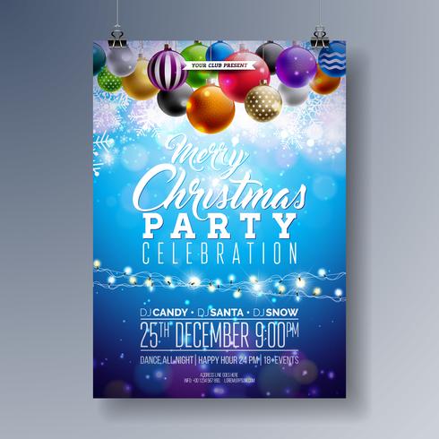 Joyeux Noël Party Fliyer Design avec des éléments de typographie de vacances et boules ornementales multicolores sur fond brillant. Illustration d&#39;affiche de fête vecteur Premium.