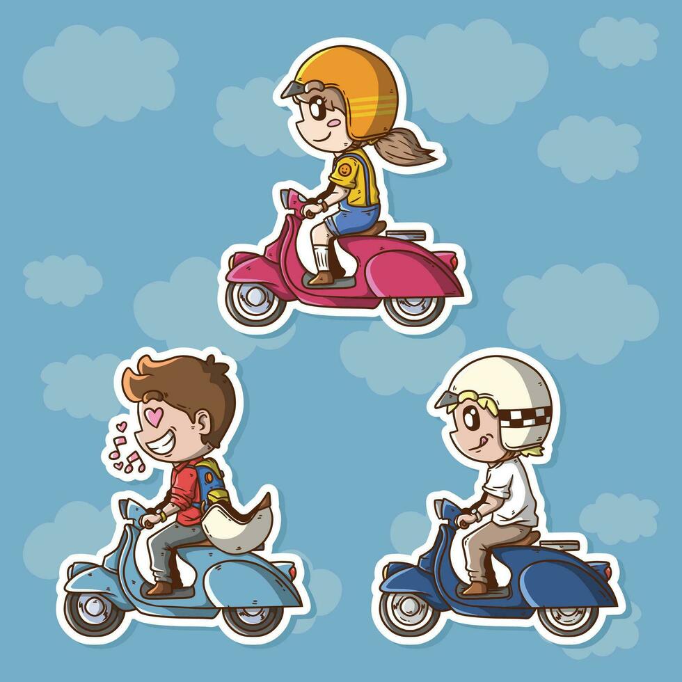 ensemble de mignonne dessin animé vecteur illustration rétro ancien classique scooter motards. rétro classique scooter cavaliers vecteur ensemble