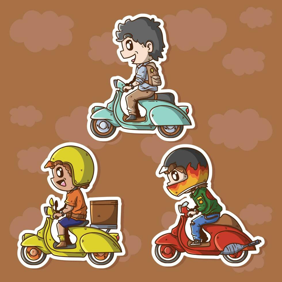 ensemble de mignonne dessin animé vecteur illustration rétro ancien classique scooter cavaliers. rétro classique scooter bicyclette vecteur ensemble