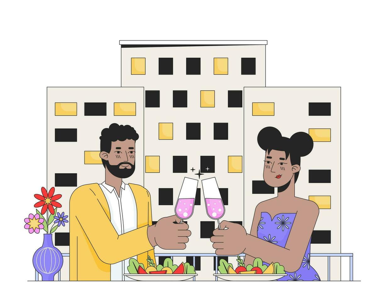 africain américain romantique couple à manger ligne dessin animé plat illustration. les amoureux des lunettes tintement 2d lineart personnages isolé sur blanc Contexte. sortir ensemble Valentin journée scène vecteur Couleur image