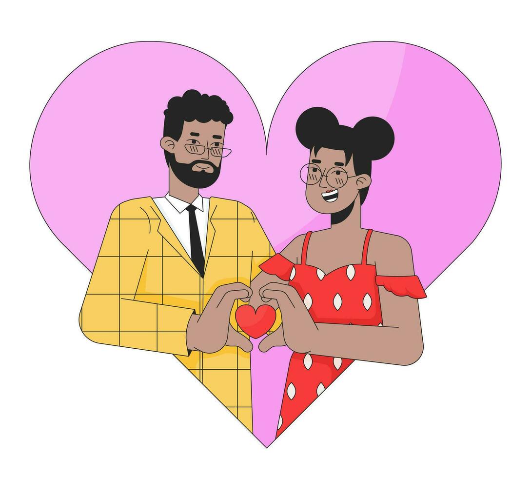 africain américain âmes soeurs 14 février 2d linéaire illustration concept. valentines amoureux couple dessin animé personnages isolé sur blanche. romantique sentiments métaphore abstrait plat vecteur contour graphique