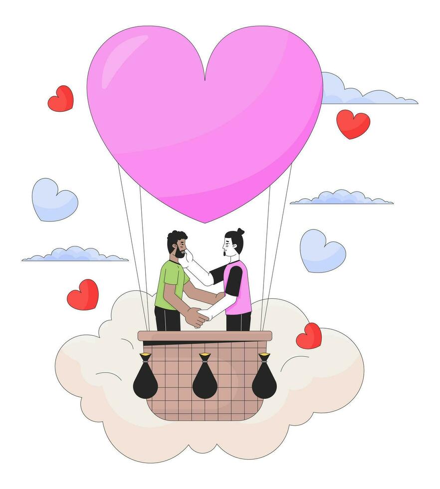 romantique chaud air ballon balade 2d linéaire illustration concept. interracial gay couple dessin animé personnages isolé sur blanche. célébrer spécial journée métaphore abstrait plat vecteur contour graphique