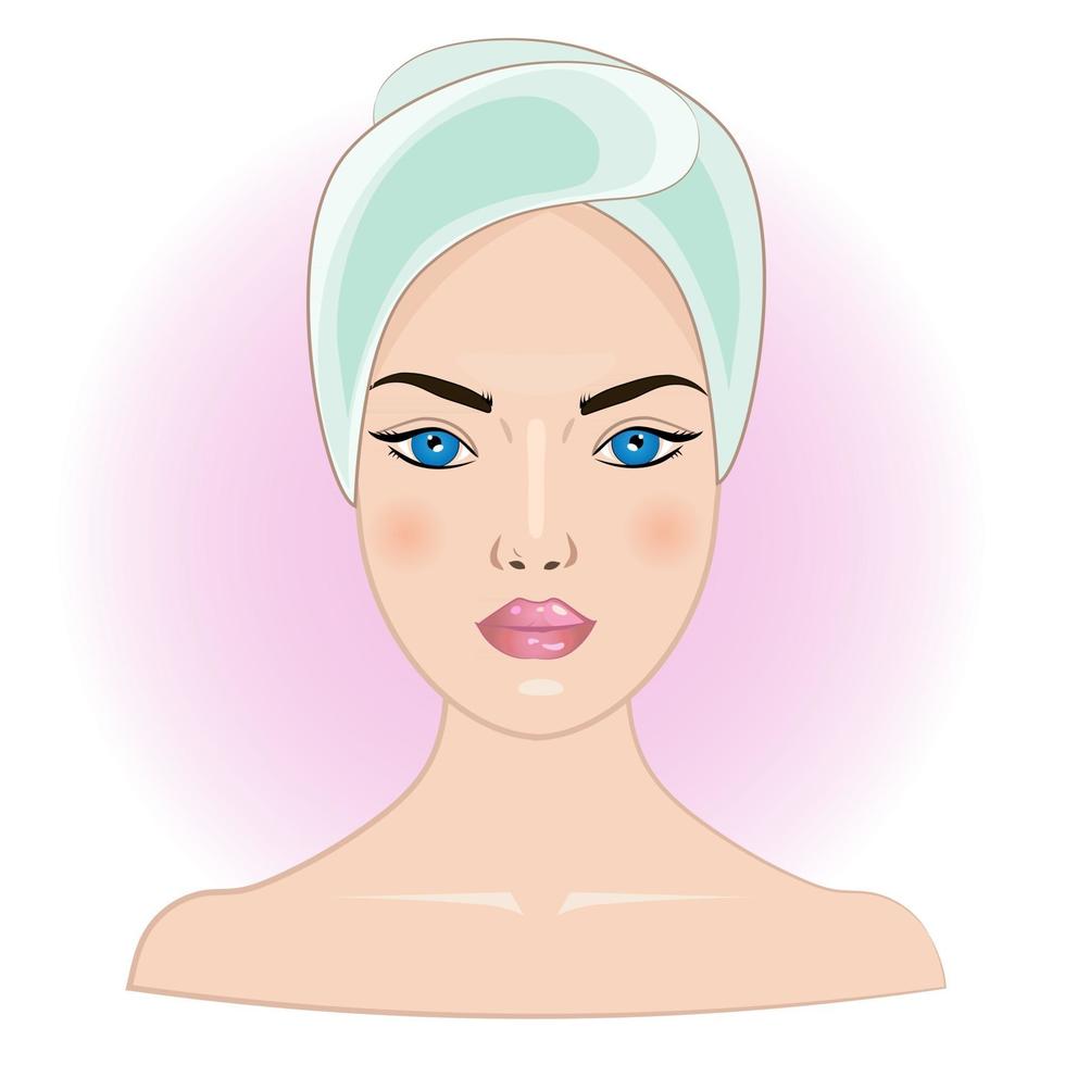 le concept de soins du visage. illustration vectorielle du visage d'une jeune femme avec un cou nu et une serviette sur la tête. vecteur