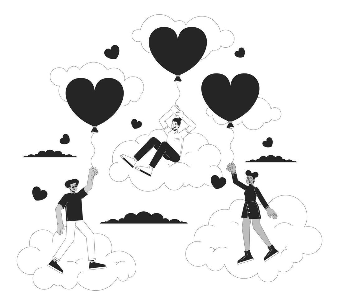 14 février valentines journée noir et blanc 2d illustration concept. diverse gens dessin animé contour personnages isolé sur blanche. cœur en forme de des ballons, flottant des nuages métaphore monochrome vecteur art