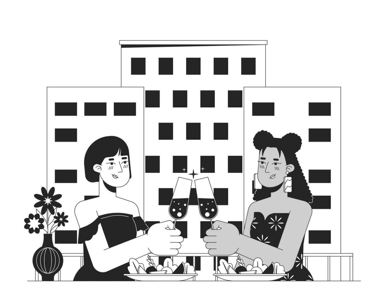 lesbienne valentines journée Date noir et blanc dessin animé plat illustration. dans l'amour copines du vin des lunettes tintement 2d lineart personnages isolé. intime moment monochrome scène vecteur contour image