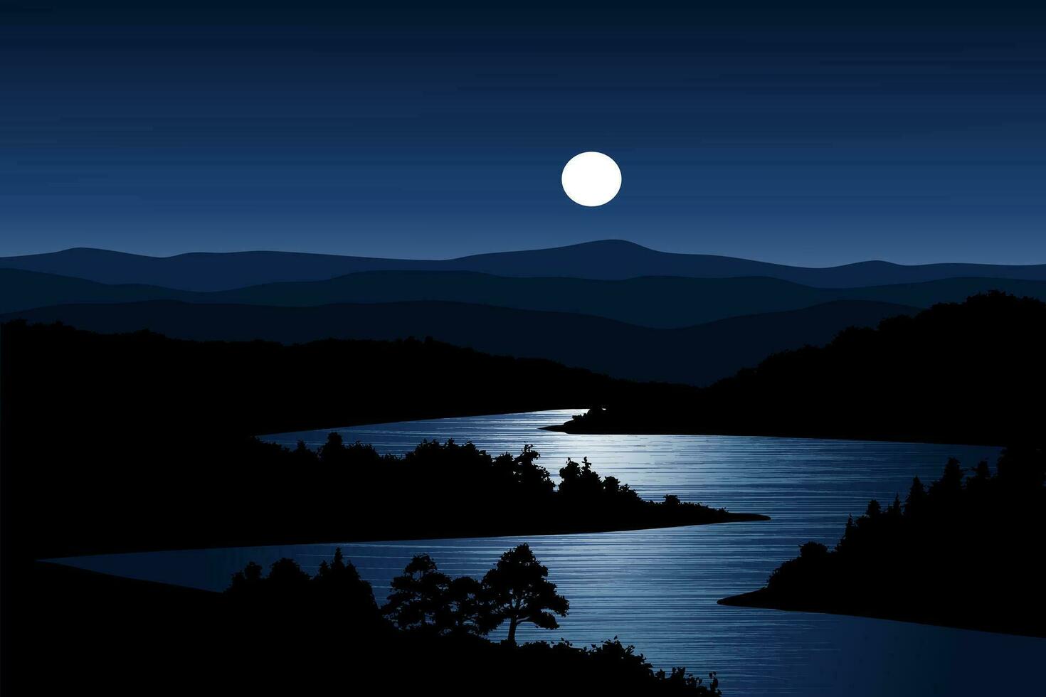 bleu nuit plus de rivière avec lune vecteur