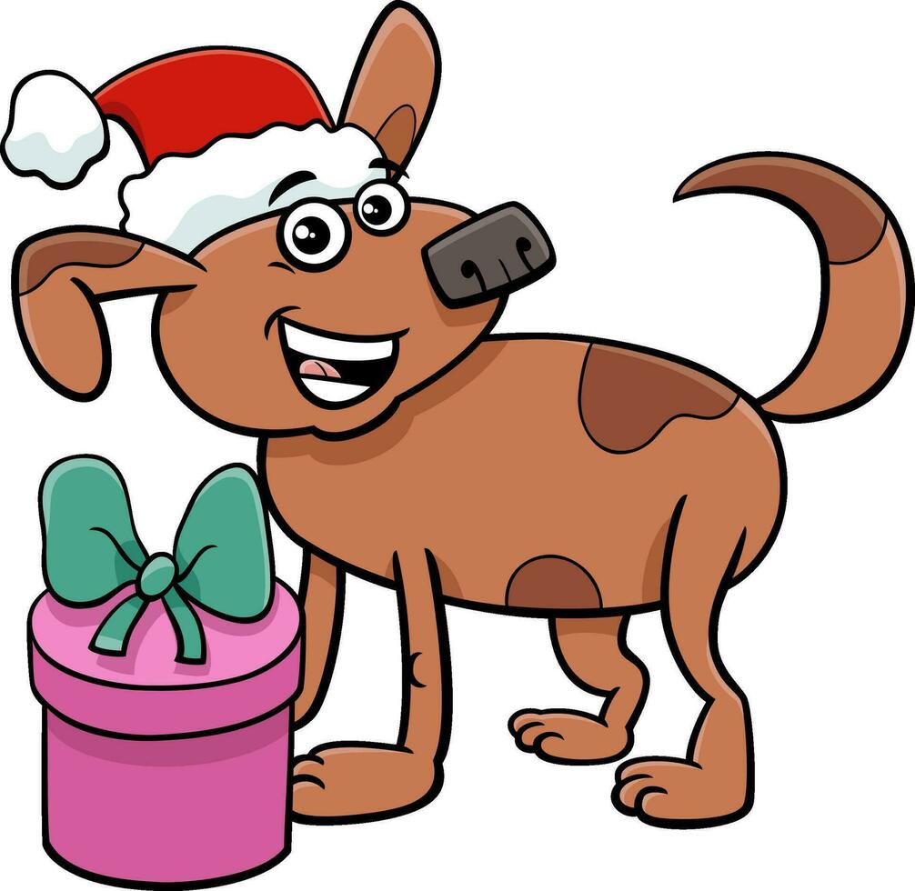 marrant dessin animé marron chien avec Noël cadeau vecteur