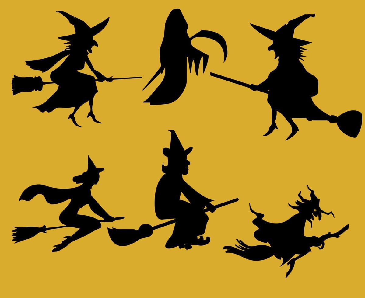 sorcière halloween objets noirs signes symboles vector illustration résumé avec fond jaune