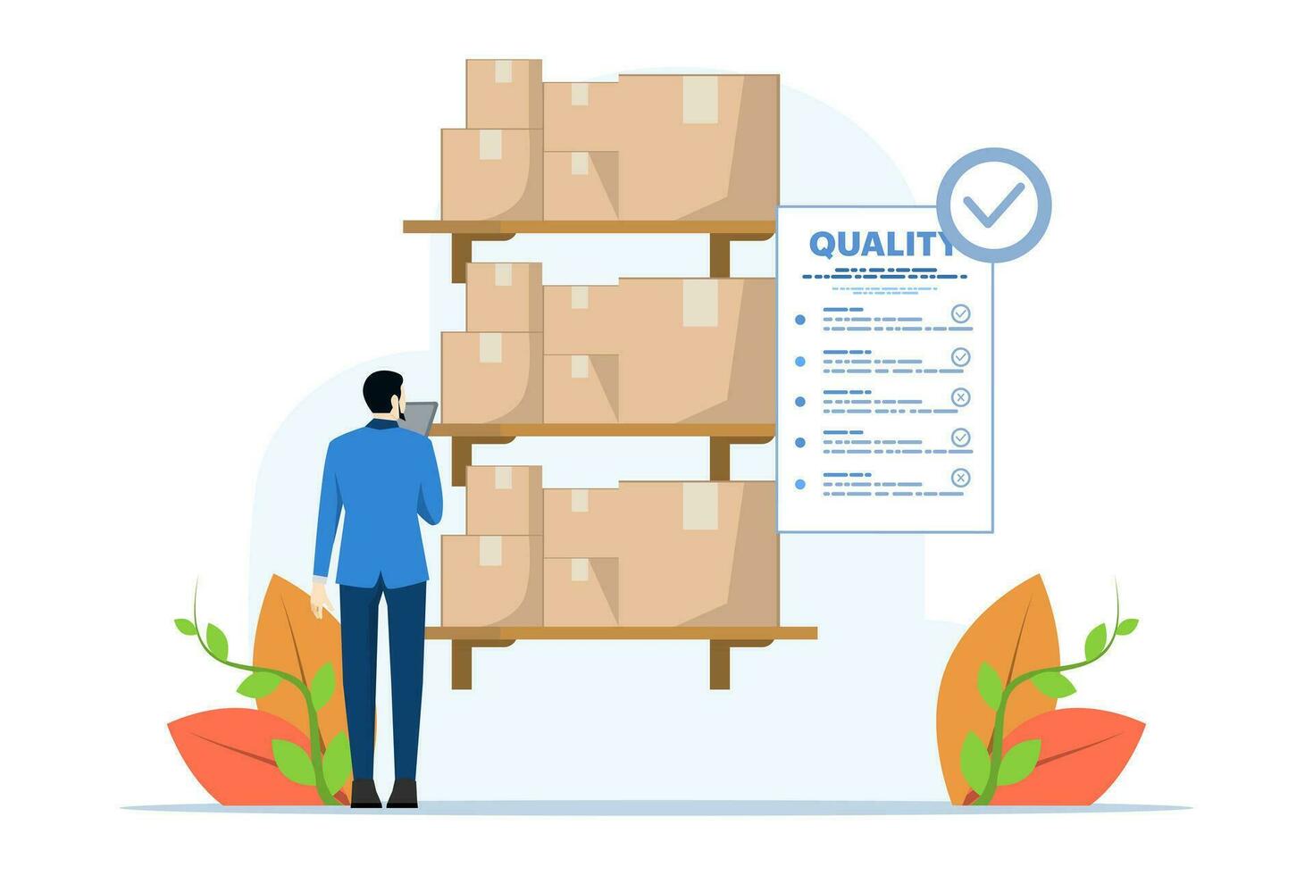 produit qualité contrôle concept, gens vérifier produit qualité avec établi normes. inspection ou essai procédures cette concentrer sur réunion exigences. moderne plat vecteur illustration.