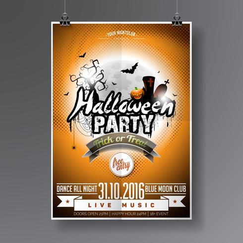 Vector Halloween Party Flyer Design avec des éléments typographiques sur fond orange.