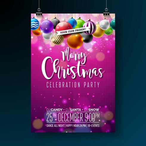 Conception de fête de vecteur joyeux Noël avec des éléments de typographie de vacances et boules d&#39;ornement multicolores sur fond brillant. Illustration de flyer célébration premium.