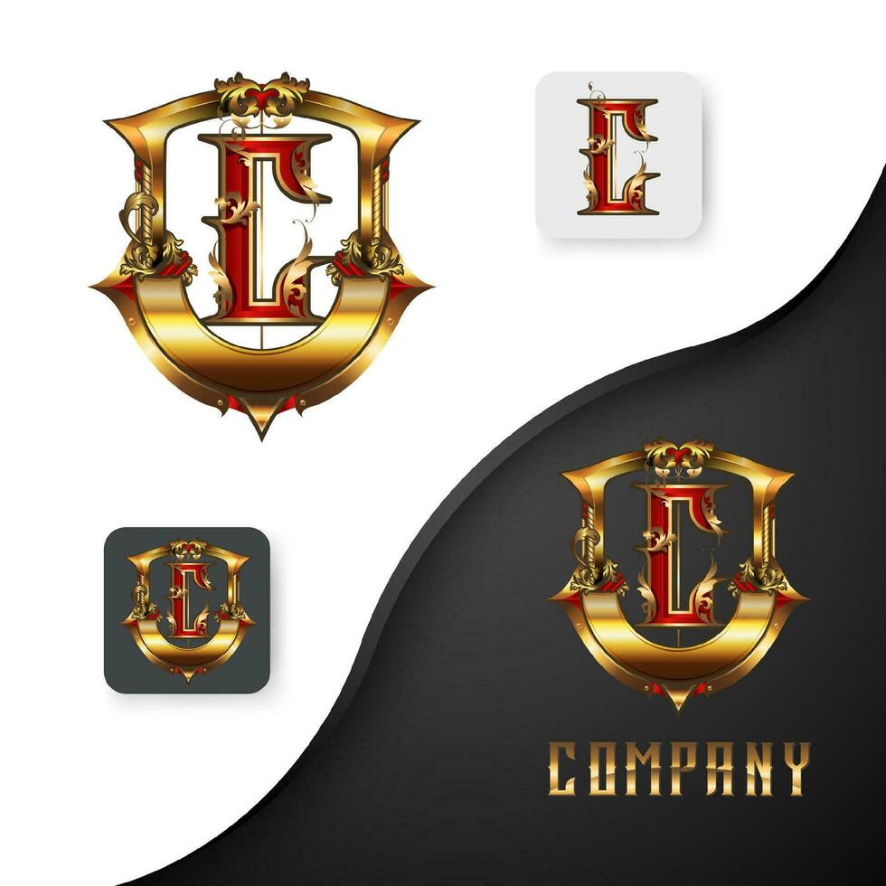 rouge or lettre c logo conception avec luxueux et magnifique ornement vecteur