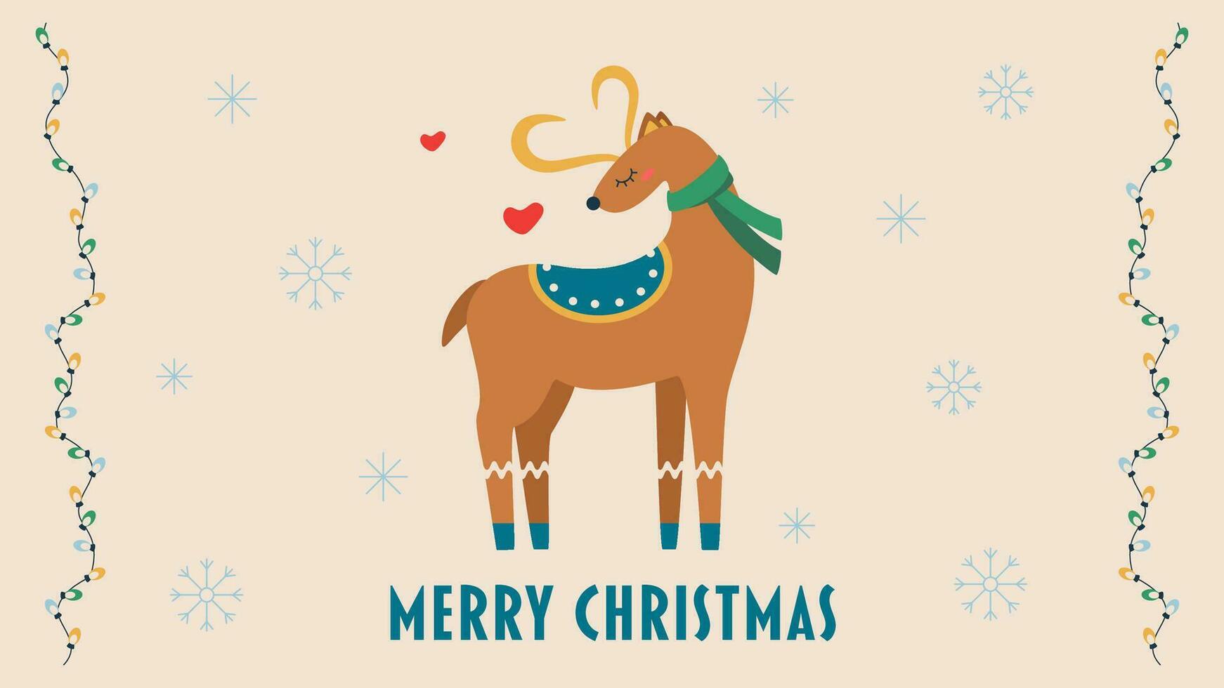 carte postale avec texte joyeux Noël, cerf, flocon de neige, guirlande. vecteur