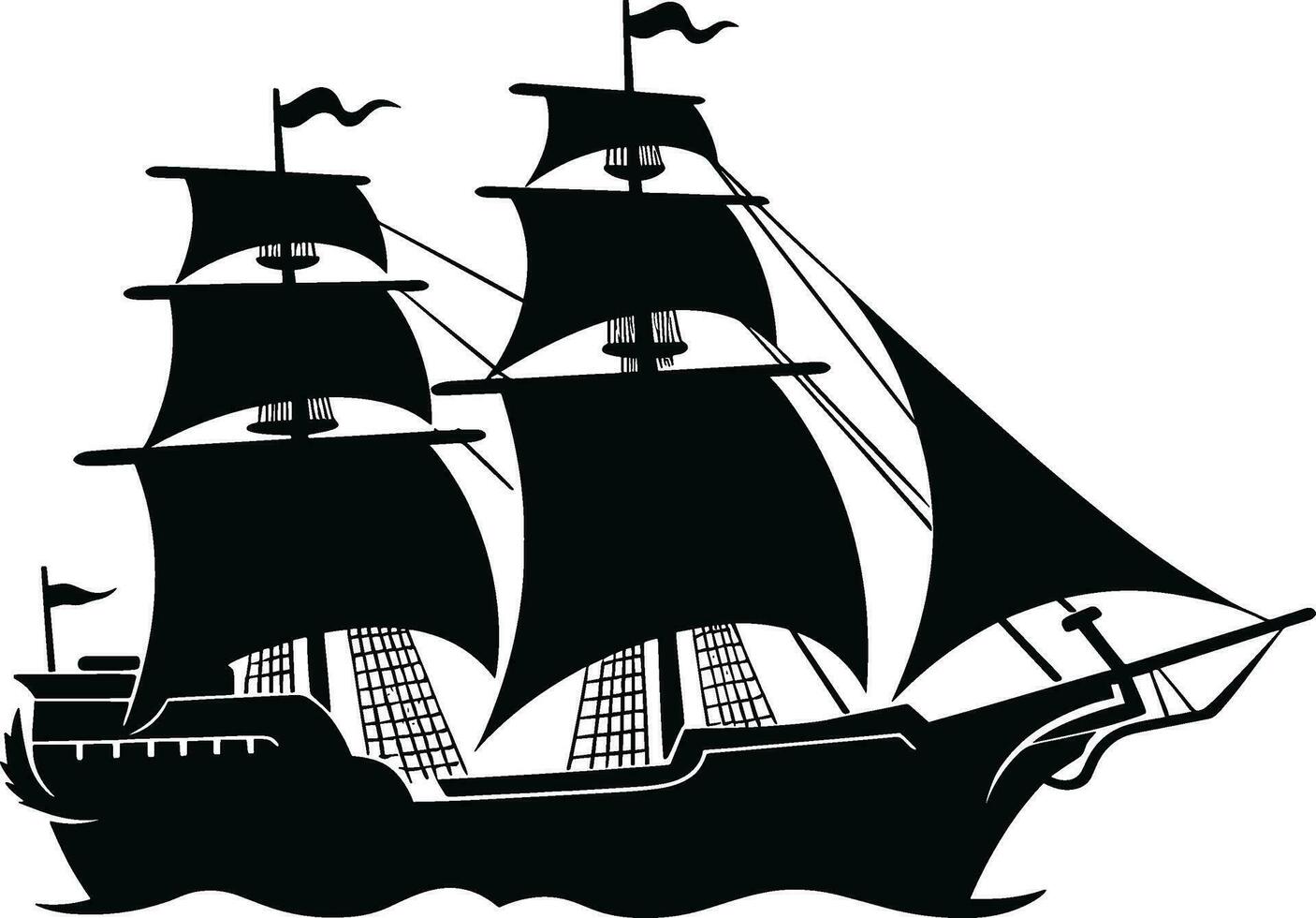 pirate bateau, voile navire en dessous de le noir drapeau. navire vecteur logo conception modèle. voilier ou frégate icône. yacht. silhouette. vecteur illustration. ai généré illustration.