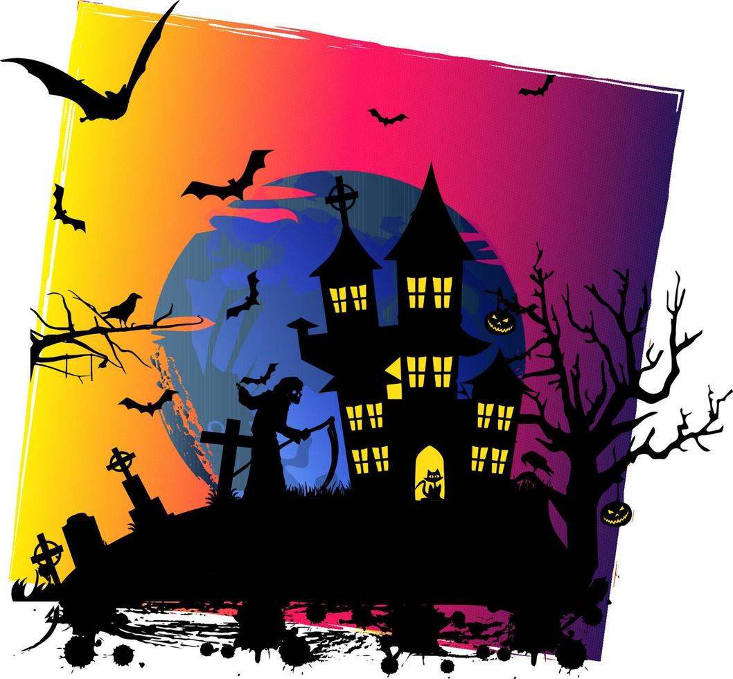 conception effrayante d'halloween avec maison hantée de sorcière vecteur