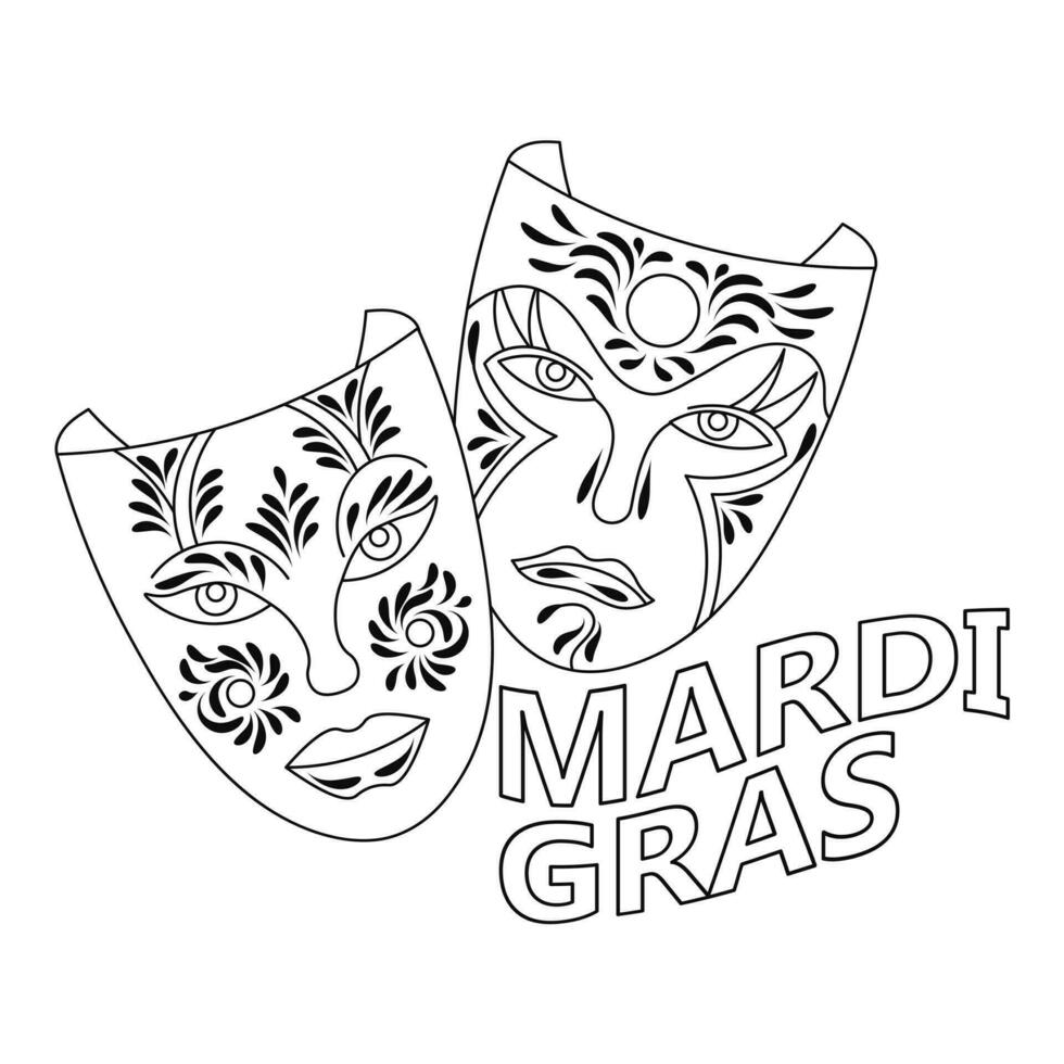 masques de carnaval, carnaval, mardi gras, croquis, dessin au trait. illustration à colorier, vecteur