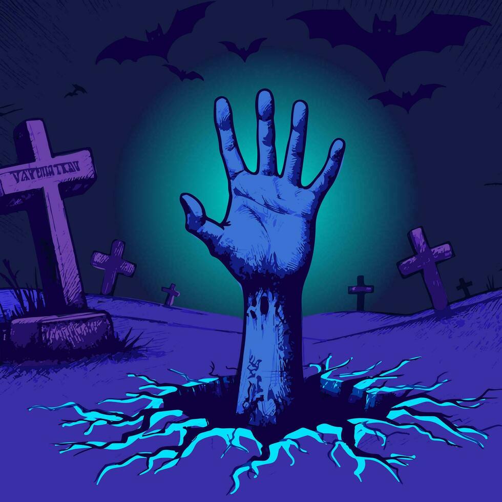 vecteur de une zombi main en dessous de néon et uv lumières en hausse en haut de le la tombe pour Halloween. conceptuel art et cimetière pierre tombale paysage
