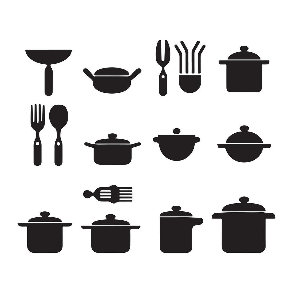 une noir silhouette cuisine symbole ensemble vecteur