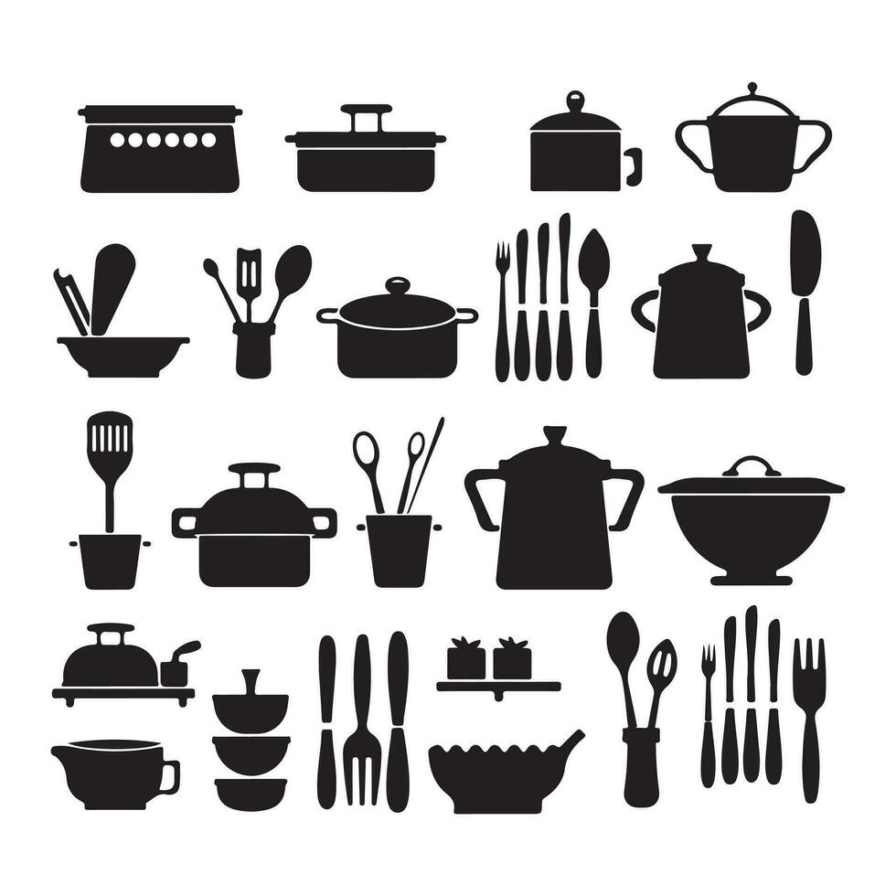 une noir silhouette cuisine symbole ensemble vecteur