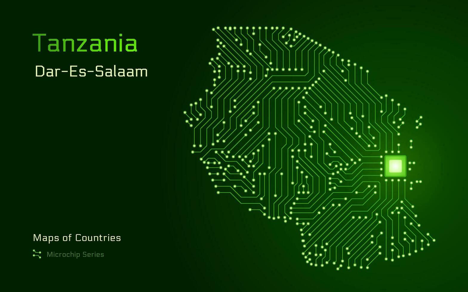 Tanzanie carte avec une le plus grand ville de Dar es salam, et Capitale dodom, montré dans une puce électronique modèle avec processeur. gouvernement électronique. monde des pays vecteur Plans. puce électronique séries