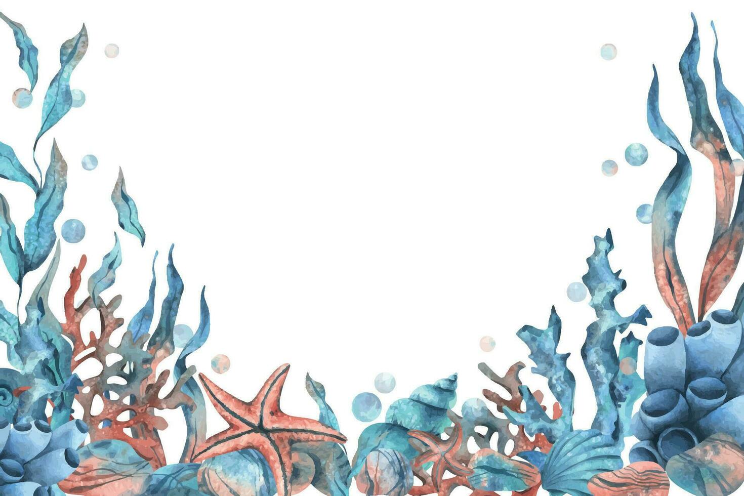 sous-marin monde clipart avec mer animaux baleine, tortue, pieuvre, hippocampe, étoile de mer, coquilles, corail et algues. main tiré aquarelle illustration. ensemble de isolé objets sur une blanc Contexte vecteur