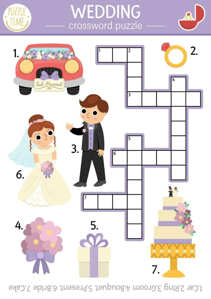 vecteur mariage mots croisés puzzle pour enfants. Facile mariage la cérémonie quiz pour les enfants. mariage éducatif activité avec la mariée et jeune marié. famille vacances traverser mot avec traditionnel symboles