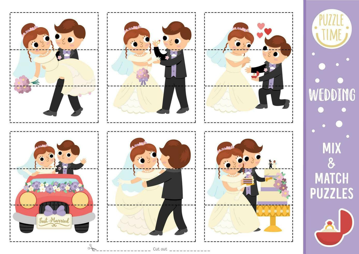 vecteur mariage mélanger et rencontre puzzle avec mignonne la mariée et jeune marié. correspondant à Couper en dehors mariage la cérémonie activité pour préscolaire enfants. éducatif imprimable Jeu avec juste marié couple