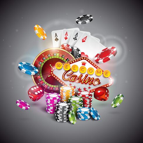 Illustration vectorielle sur un thème de casino avec des couleurs jouant des jetons et des cartes de poker vecteur
