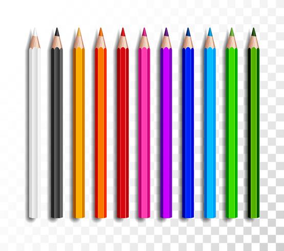 Ensemble de conception de crayons de couleur réalistes sur fond transparent. Articles d&#39;école, illustration vectorielle crayon coloré. vecteur