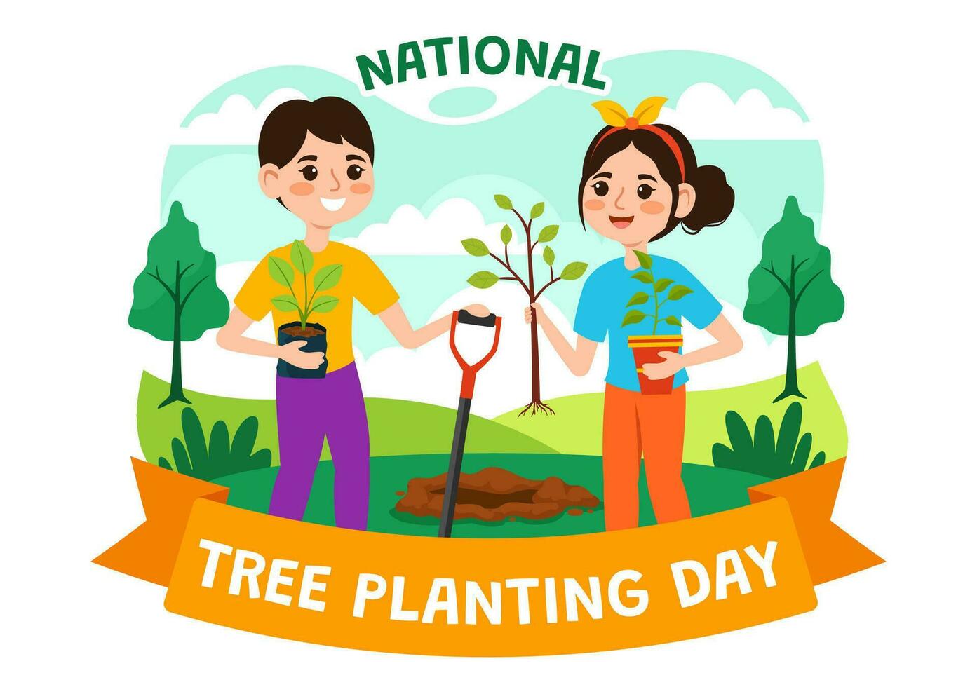 nationale arbre plantation journée vecteur illustration avec des gamins plante semis des arbres dans forêt ou jardin dans tonnelle plat dessin animé Contexte conception