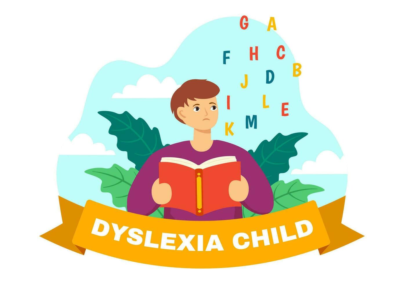 dyslexie les enfants vecteur illustration de des gamins dyslexie désordre et difficulté dans apprentissage en train de lire avec des lettres en volant en dehors dans plat dessin animé Contexte