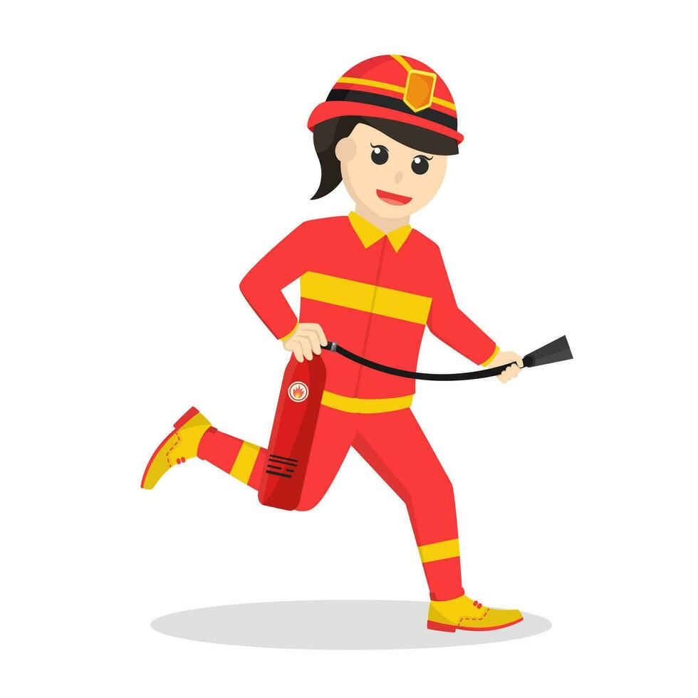 sapeur pompier femme courir et en portant feu.tube vecteur