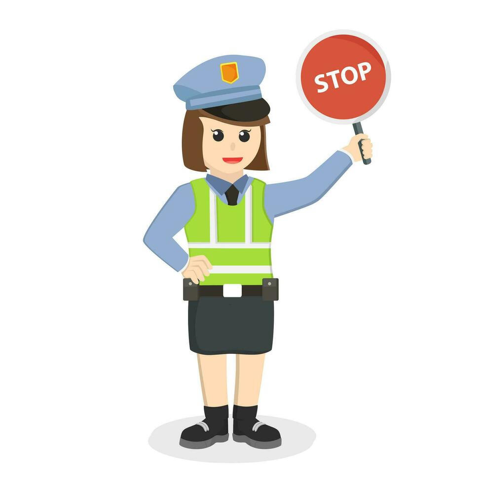 circulation police femme en portant Arrêtez signe conception personnage sur blanc Contexte vecteur