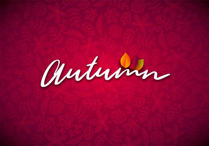 Illustration d&#39;automne avec la chute des feuilles et de la typographie sur fond rouge. Dessin vectoriel Autumnal avec Doodles dessinés à la main pour carte de voeux