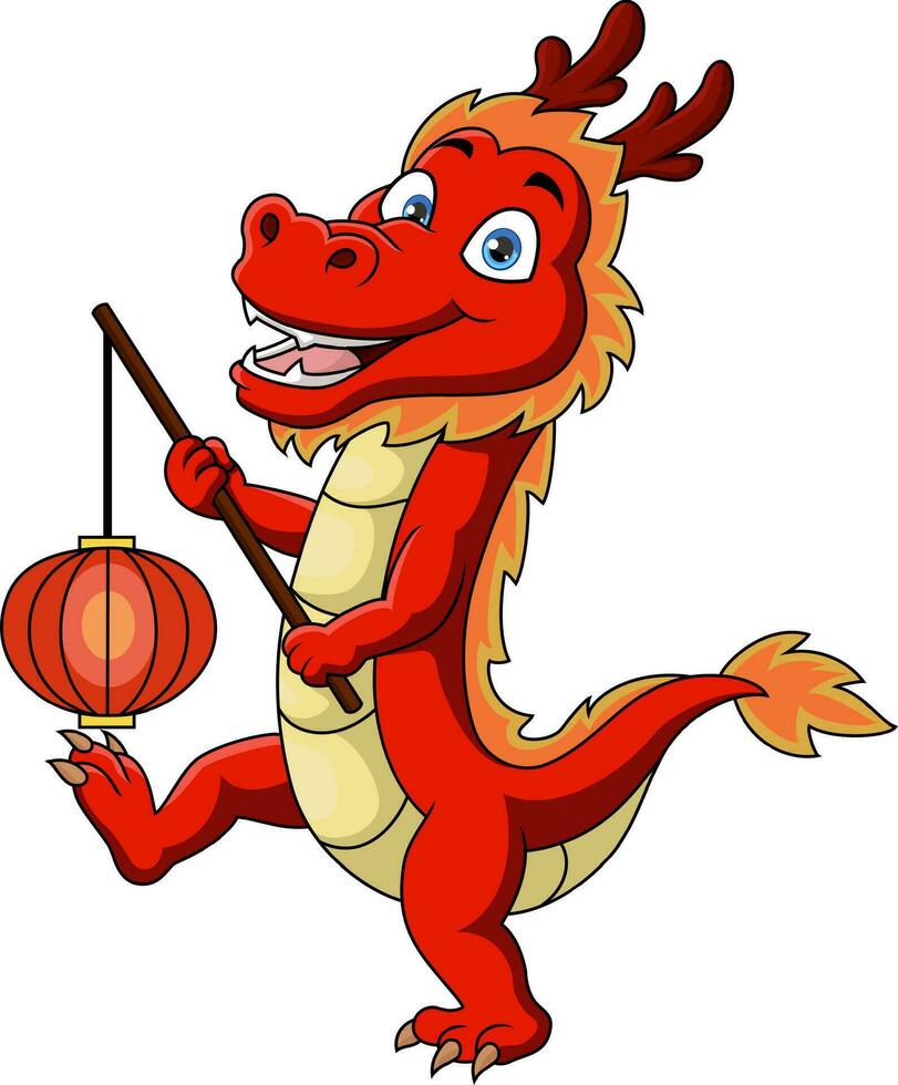 mignonne rouge dragon dessin animé en portant chinois lanterne vecteur