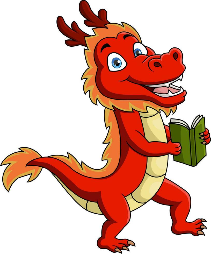 mignonne rouge dragon dessin animé en portant livre vecteur