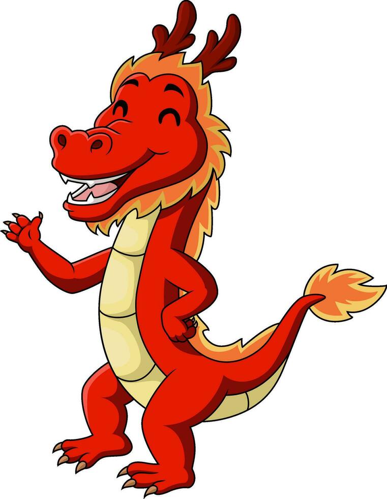 mignonne rouge dragon dessin animé agitant main vecteur