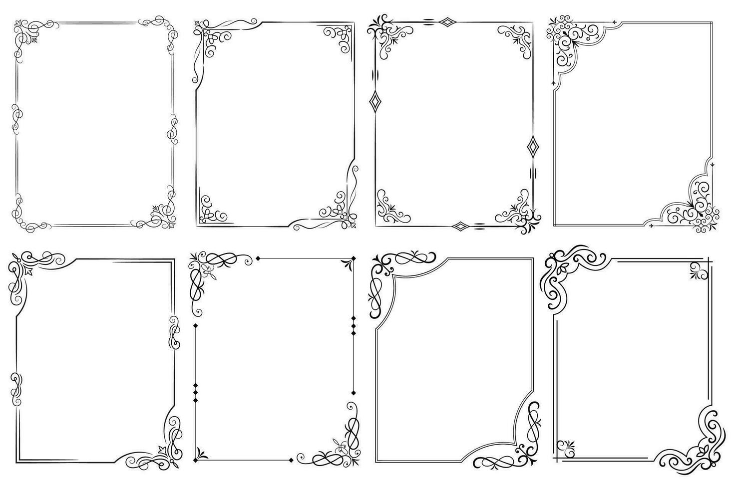 ensemble de décoratif ancien coin forme cadres et les frontières. floral ornemental Cadre. calligraphique Cadre et page décoration. vecteur illustration