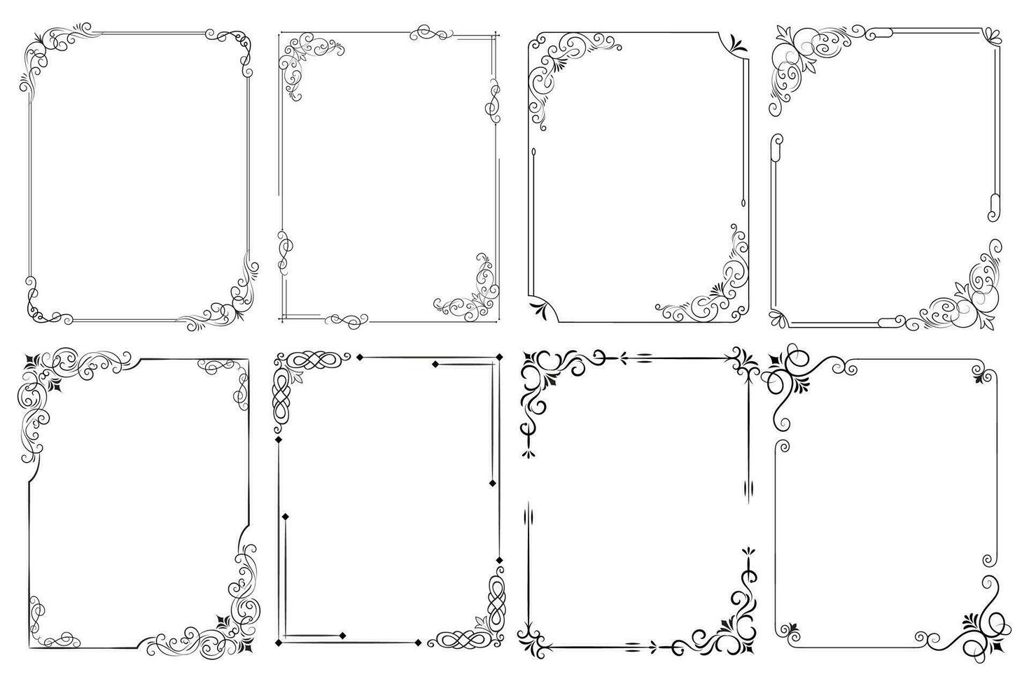 ensemble de décoratif ancien coin forme cadres et les frontières. floral ornemental Cadre. calligraphique Cadre et page décoration. vecteur illustration