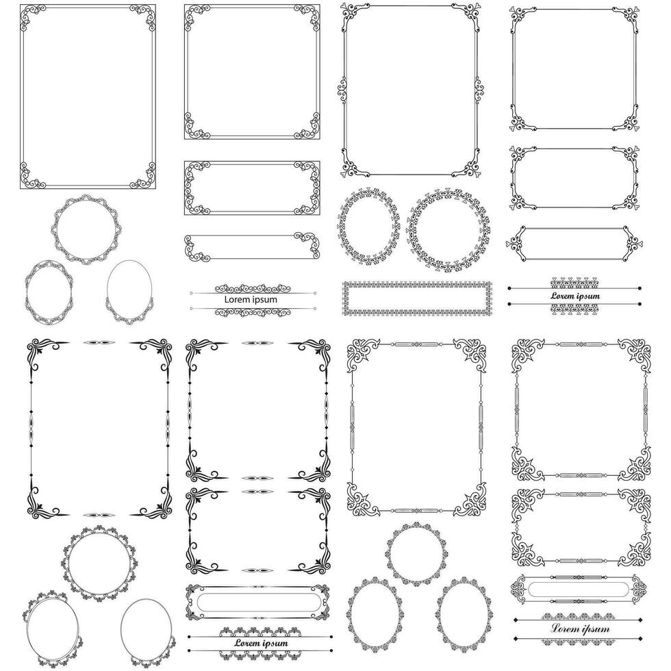 ensemble de décoratif ancien coin forme cadres et les frontières. floral ornemental Cadre. calligraphique Cadre et page décoration. vecteur illustration
