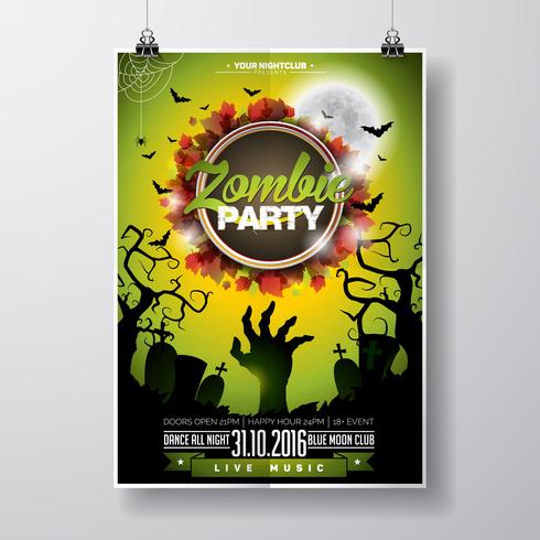 Vector Halloween Zombie Party Flyer Concevoir avec des éléments typographiques sur fond vert.