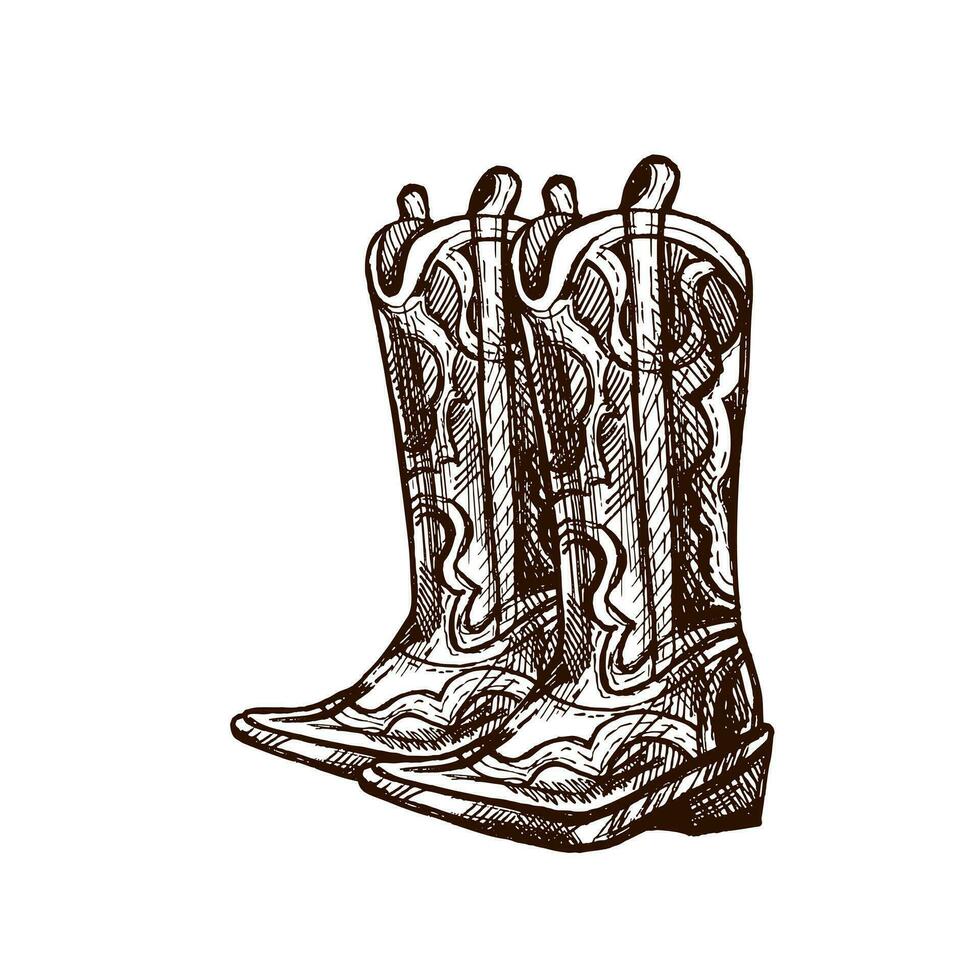 dessiné à la main esquisser de cuir bottes. ancien dessin de Latin américain nationale chaussures. vecteur noir encre contour illustration. mexicain culture. Latin Amérique.