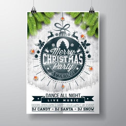 Vector design fête de joyeux Noël avec des éléments de typographie de vacances et des étoiles brillantes sur fond bois vintage.