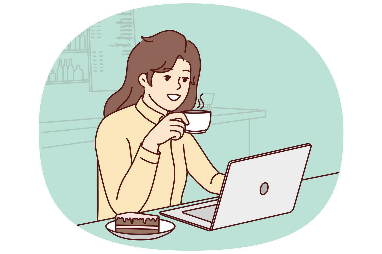 souriante jeune femme assise dans un café travaillant sur ordinateur. une fille heureuse boit du café et étudie des gâteaux sur un ordinateur portable dans un café. illustration vectorielle. vecteur