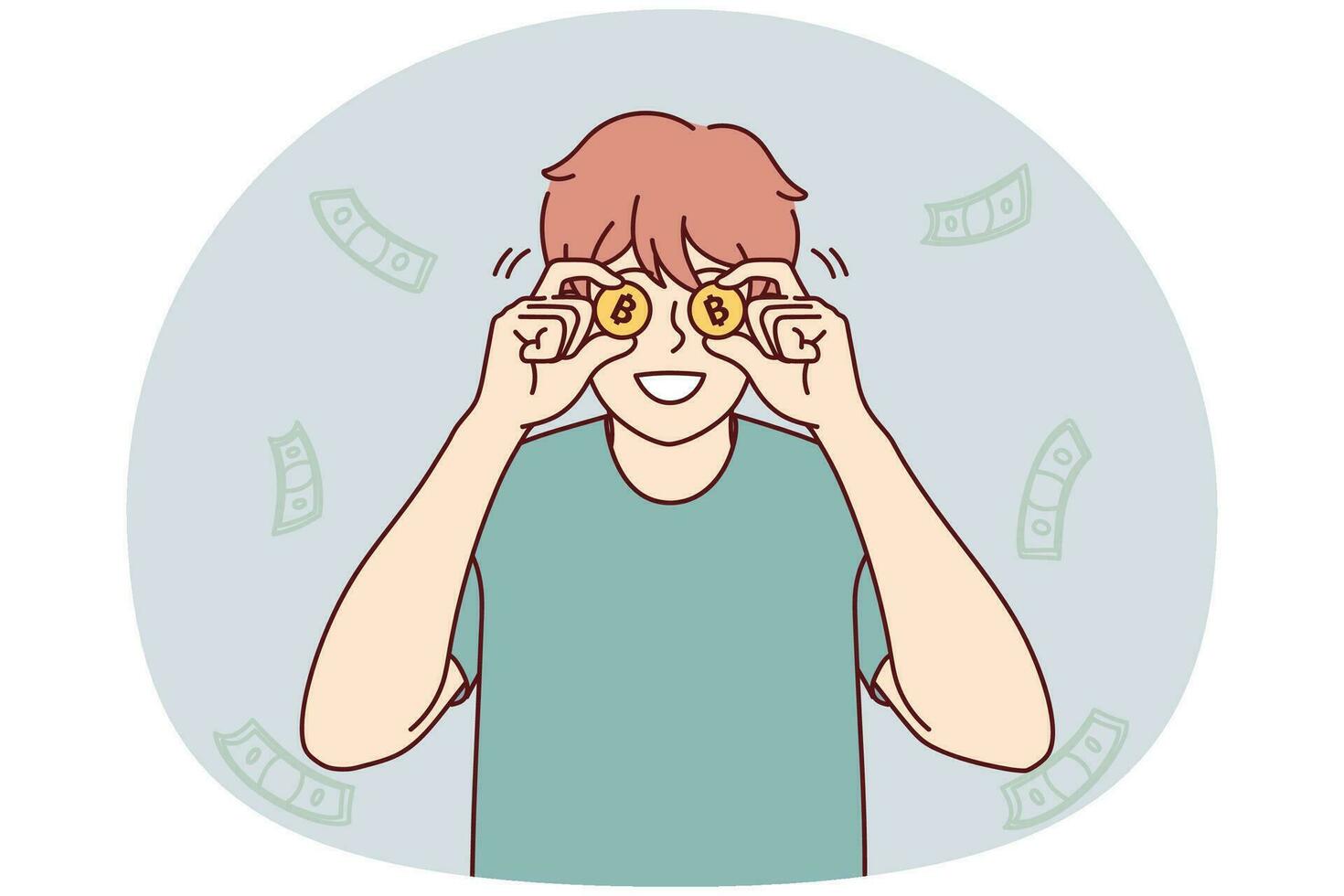 jeune homme souriant avec des bitcoins excité par des revenus ou des revenus. heureux investisseur ou financier masculin ravi du taux ou de l'investissement réussi. illustration vectorielle. vecteur