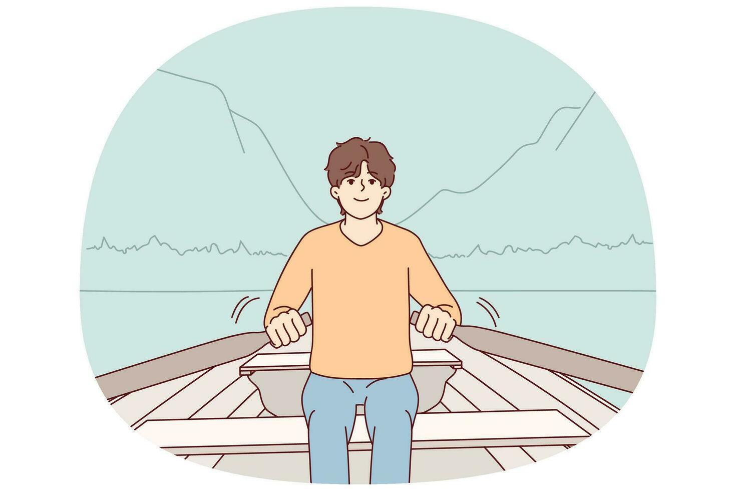 Jeune homme aviron dans bateau se détendre sur vacances dans montagnes. souriant gars asseoir dans navire prendre plaisir Extérieur des loisirs dans la nature. vecteur illustration.